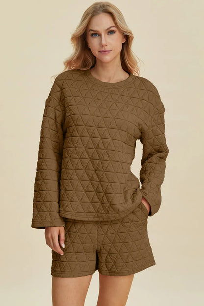 Double Take Full Size Texture Round Neck Long Sleeve Top and Shorts Set West2East Surf