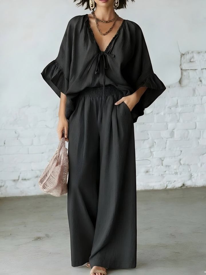 Women's Loose-Fit V-Neck Top & Wide-Leg Pants Two-Piece Set FitiqueFit