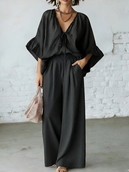 Women's Loose-Fit V-Neck Top & Wide-Leg Pants Two-Piece Set FitiqueFit
