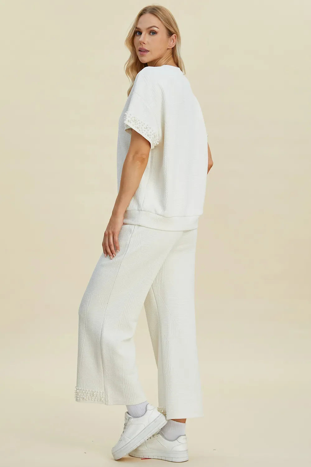 Double Take Full Size Pearl Detail Round Neck Top and Pants Set West2East Surf
