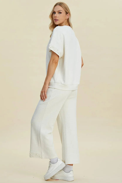 Double Take Full Size Pearl Detail Round Neck Top and Pants Set West2East Surf