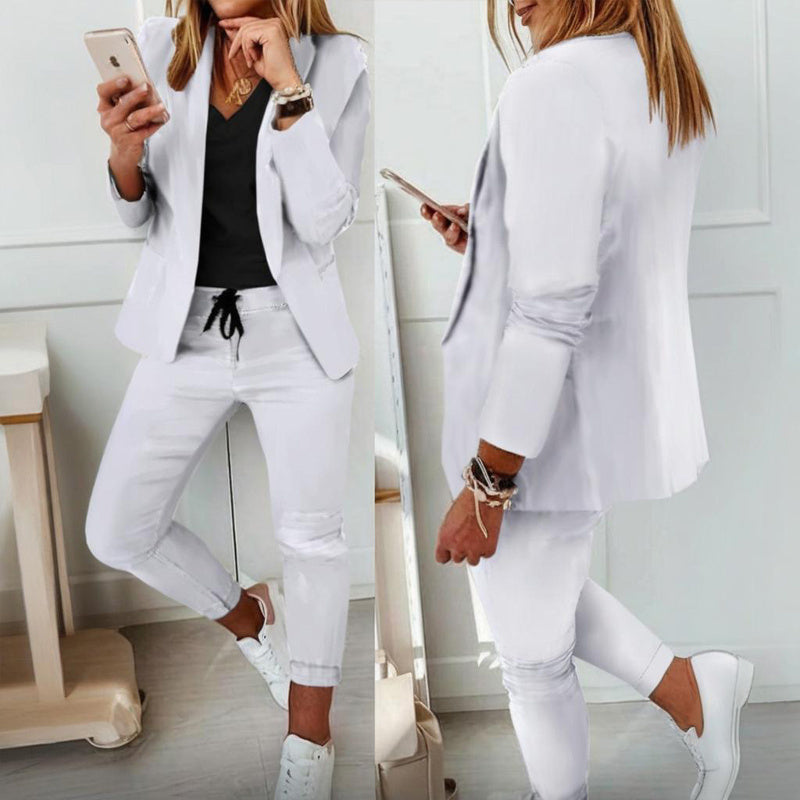 Women’s Notch-Lapel Blazer & Drawstring Pants Suit Set FitiqueFit