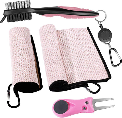 Golf Microfiber Towels Gifts Kit,Golf Cleaning Accessories Waffle Golf Towels,Golf Brush,Golf Divot Tool,Suitable for Golf Lovers,Gift for Men Women and Children (Pink)