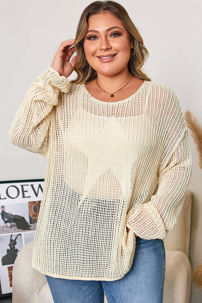 Parchment Hollow Out Knit Star Pattern Accent Plus Size Jumper Garden Naked Curves