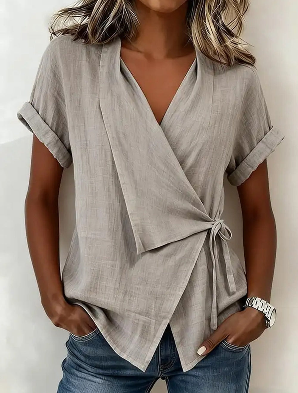 Women's Casual Lapel Collar Lace-Up Short-Sleeve Linen Top FitiqueFit
