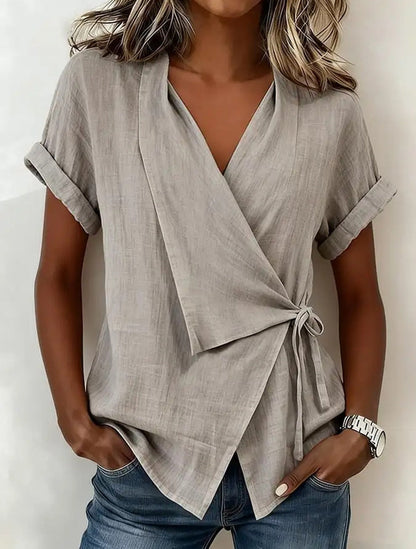 Women's Casual Lapel Collar Lace-Up Short-Sleeve Linen Top FitiqueFit