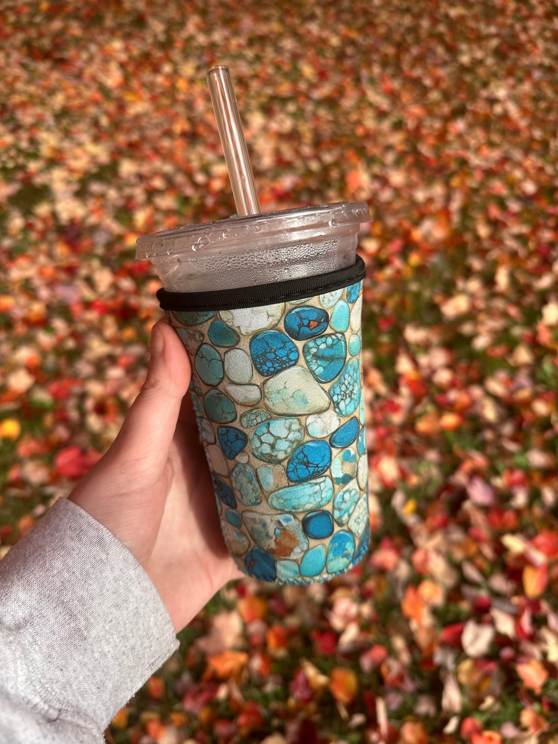 Turquoise stone Coffee Sleeve | Reusable Neoprene Iced Coffee Cup Cover 16-24oz Cowboy Print Eco-Friendly Insulator for Grande & Venti Cups BashDesignsCo