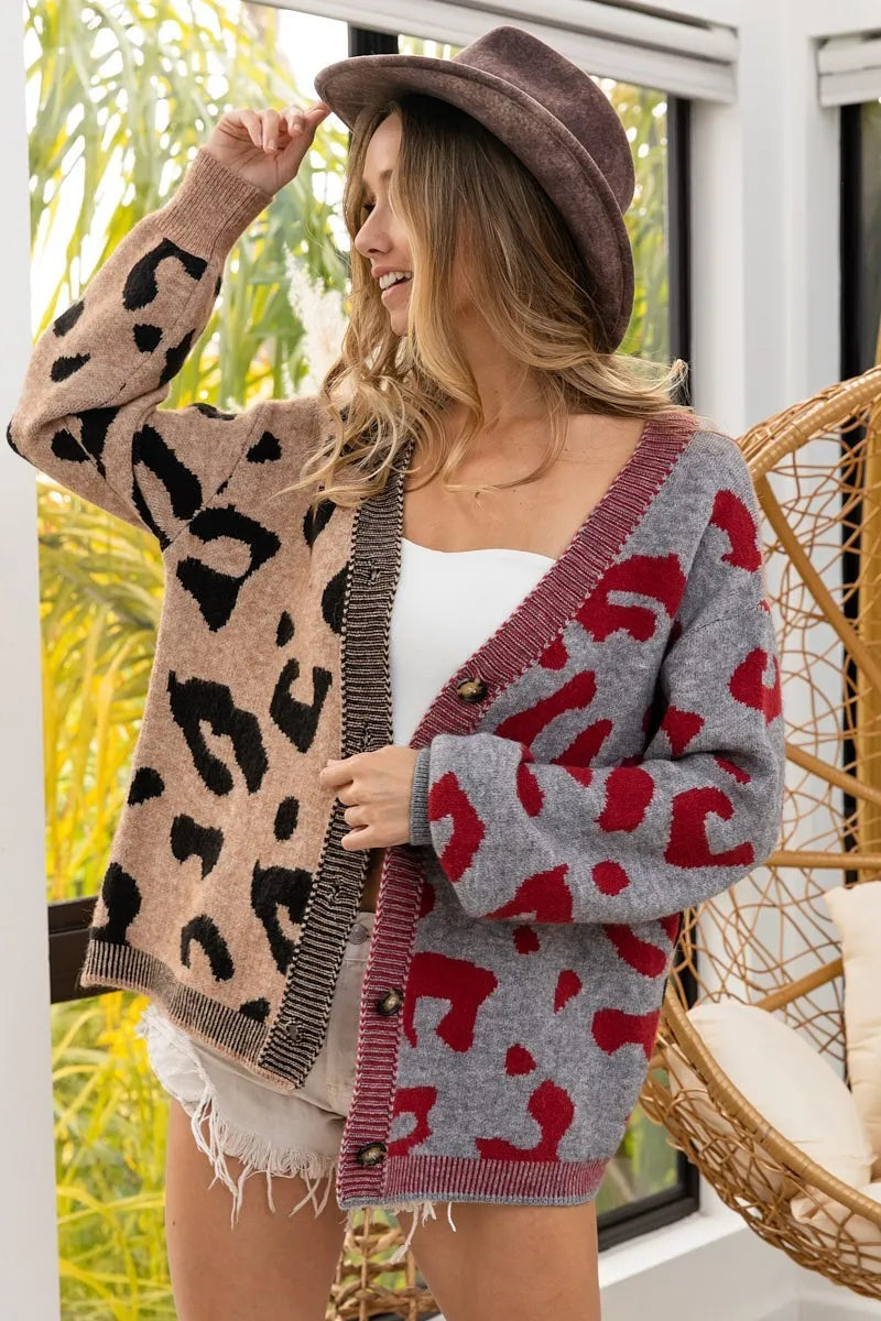 BiBi Leopard Color Block Button Down Sweater Cardigan West2East Surf