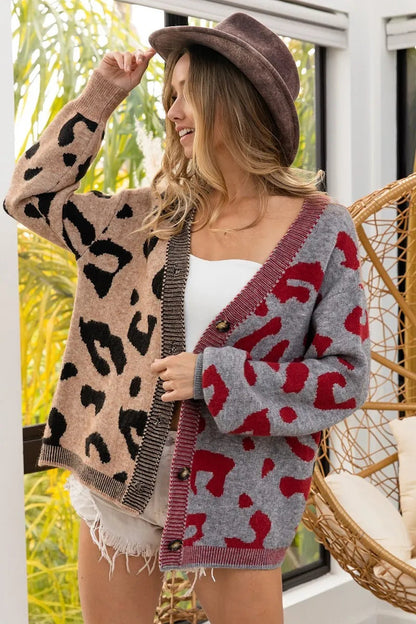 BiBi Leopard Color Block Button Down Sweater Cardigan West2East Surf