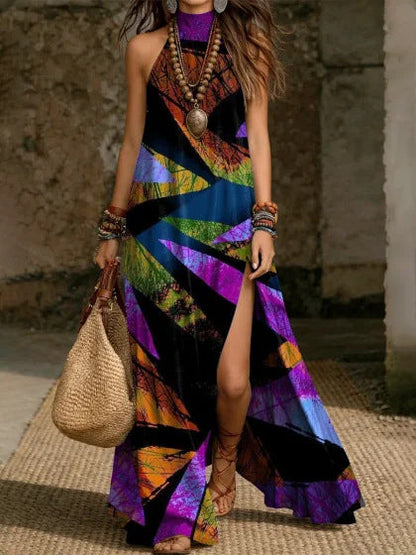 Women's Printed Halterneck Split Maxi Dress – Loose Fit Sleeveless FitiqueFit