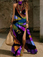 Women's Printed Halterneck Split Maxi Dress – Loose Fit Sleeveless FitiqueFit