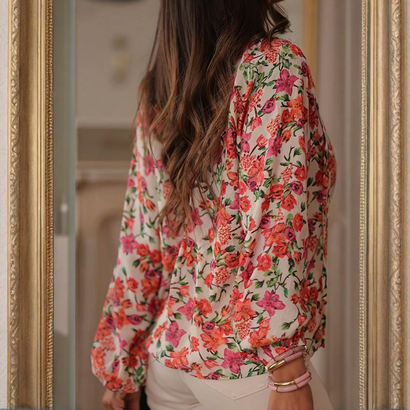 Boho Floral V-Neck Drawstring Blouse FitiqueFit