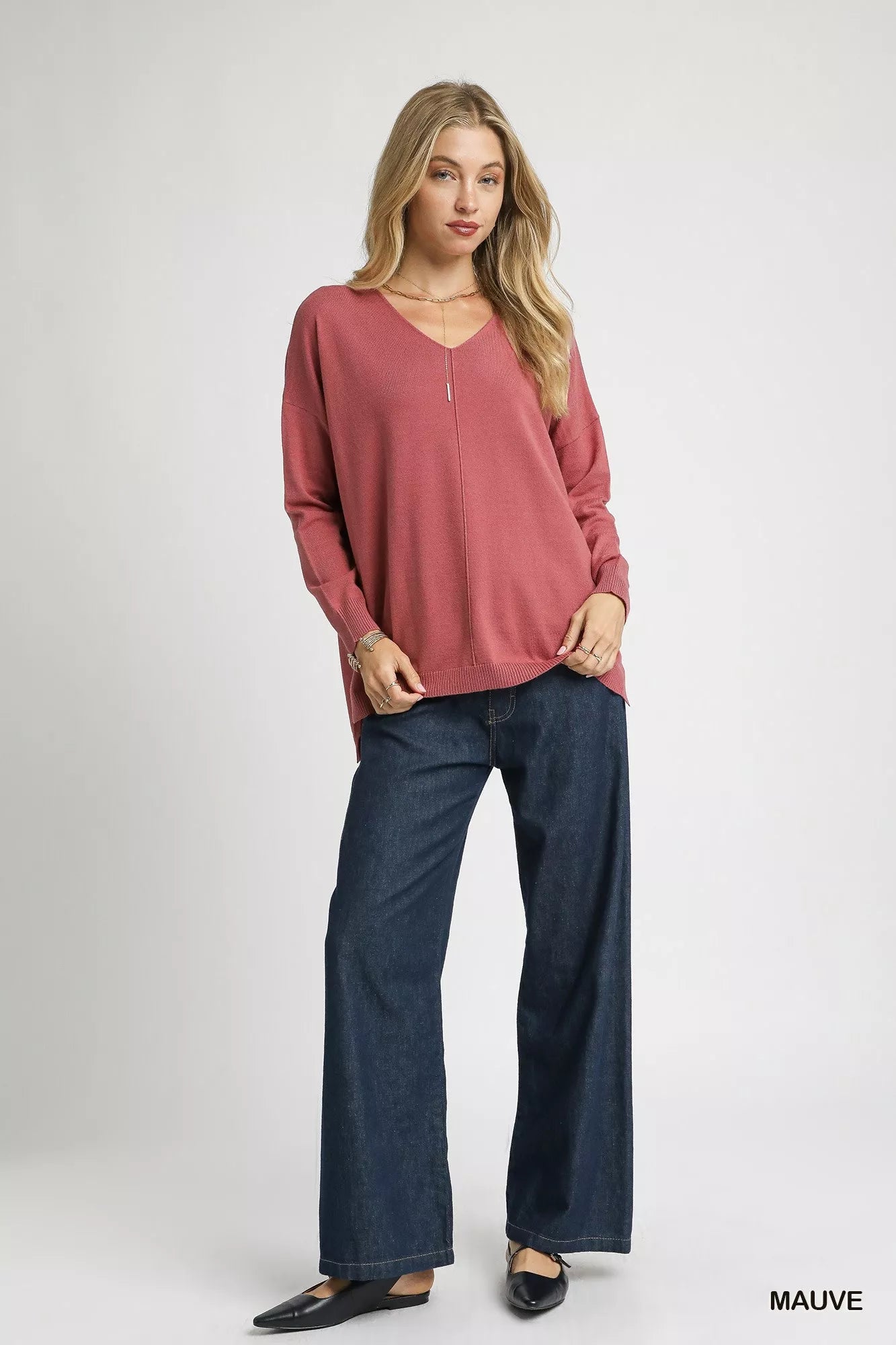 Umgee V-Neck High Low Hem Knit Top with Side Slit West2East Surf