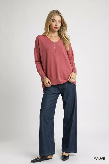 Umgee V-Neck High Low Hem Knit Top with Side Slit West2East Surf