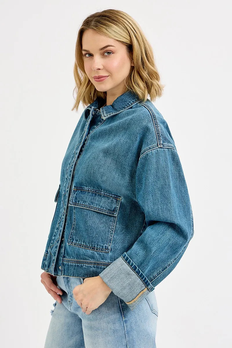 RISEN Oversized Cargo Pocket Denim Jacket with Cuffed Sleeves West2East Surf