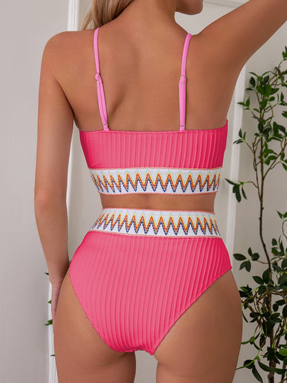 Bikini Scoop Neck High Waist 2 Piece Swimsuit for Women – Chic Solid Color Bikini Set with Contrast Band Detail – Stretchy Comfortable Flattering Swimwear for Beach Pool and Summer Vacation Stevvex