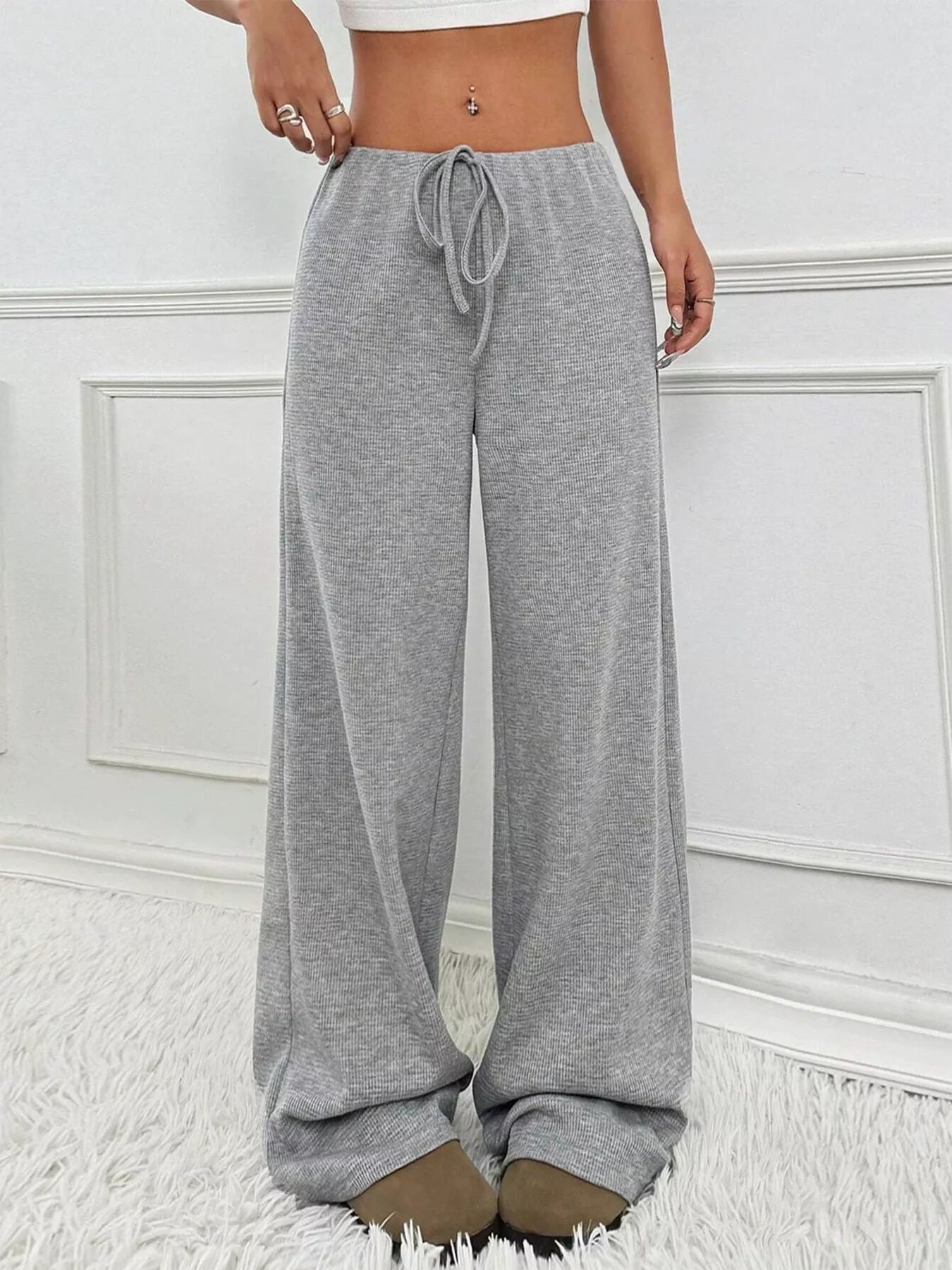 Striped Ribbed Knit Drawstring Waist Wide Leg Pants New Era Fashion LLc