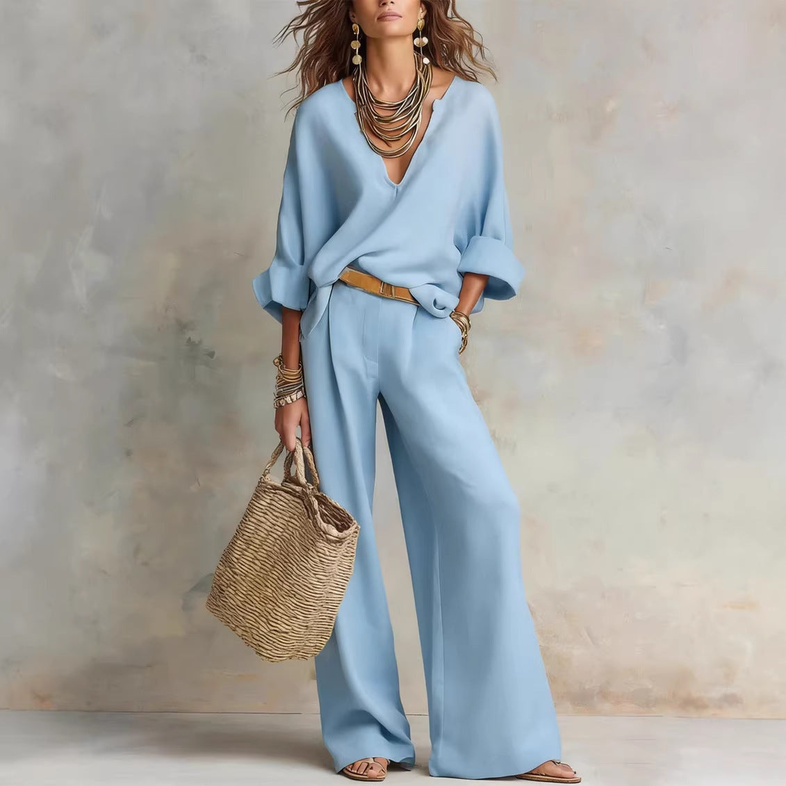 Women's Casual Linen Vacation Set – Three-Quarter Sleeve Top & Full-Length Pants FitiqueFit