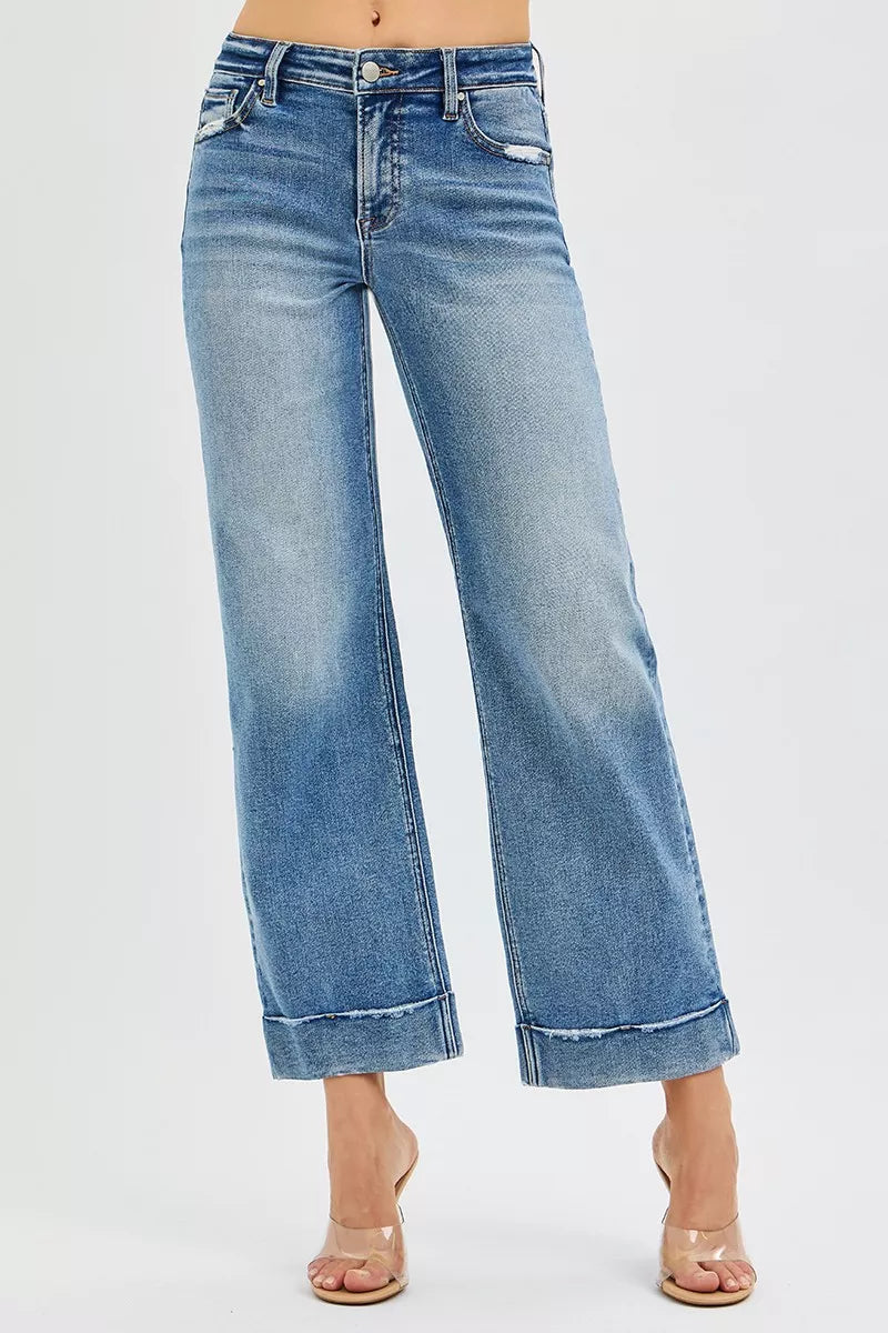 RISEN Full Size Mid Rise Crop Straight Jeans with Taylor Cuffed Plus Size West2East Surf