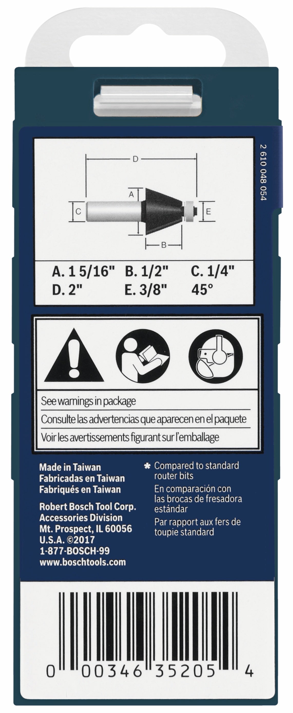 BOSCH 85298MC 1-5/16 In. x 45° Carbide-Tipped Chamfer Router Bit VM Hardware