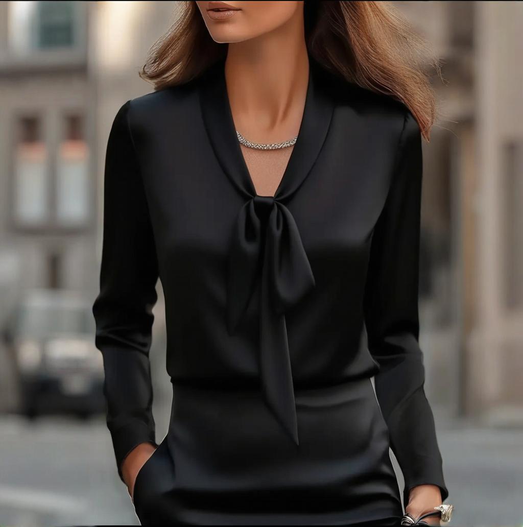 Elegant Satin Ribbon Blouse — Long Sleeve Button-Down Work Shirt FitiqueFit