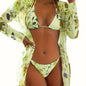 Bikini European Style Floral Print 3 Piece Swimsuit Set for Women – Sexy V Neck Bikini with Cross Strap Detail and Matching Long Sleeve Cover-Up – High Stretch Trendy Swimwear for Summer Beach Vacations Resort Looks and Poolside Fashion Stevvex