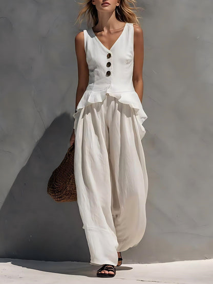 Ruffled Tank Top & Draping Wide-Leg Pants Set – 6 Colors, S–3XL FitiqueFit