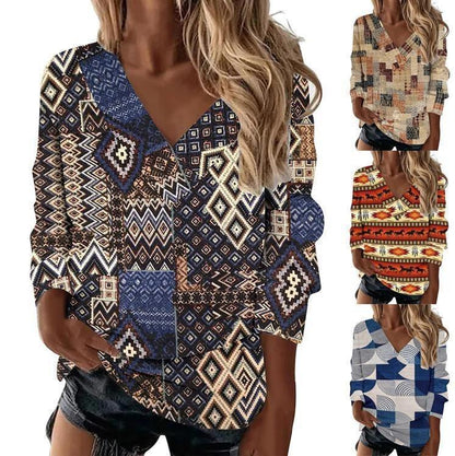Boho Western V-Neck Long Sleeved Top – Stylish Cowgirl Fashion with Geometric Patterns Country in My Heart