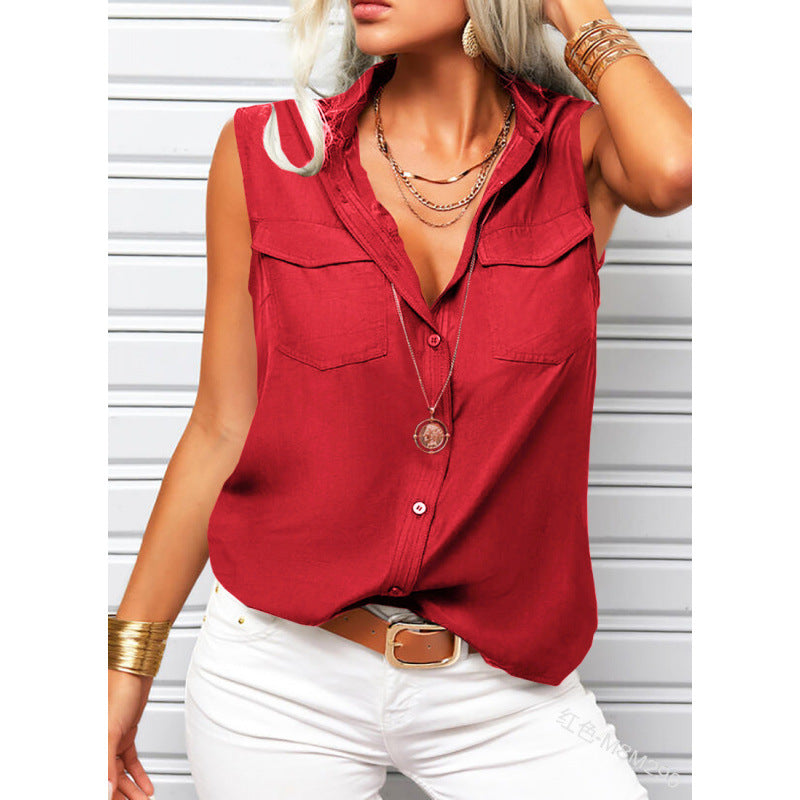 Women's Lapel Collar Sleeveless Top – Loose Fit, Pockets, Solid Color FitiqueFit