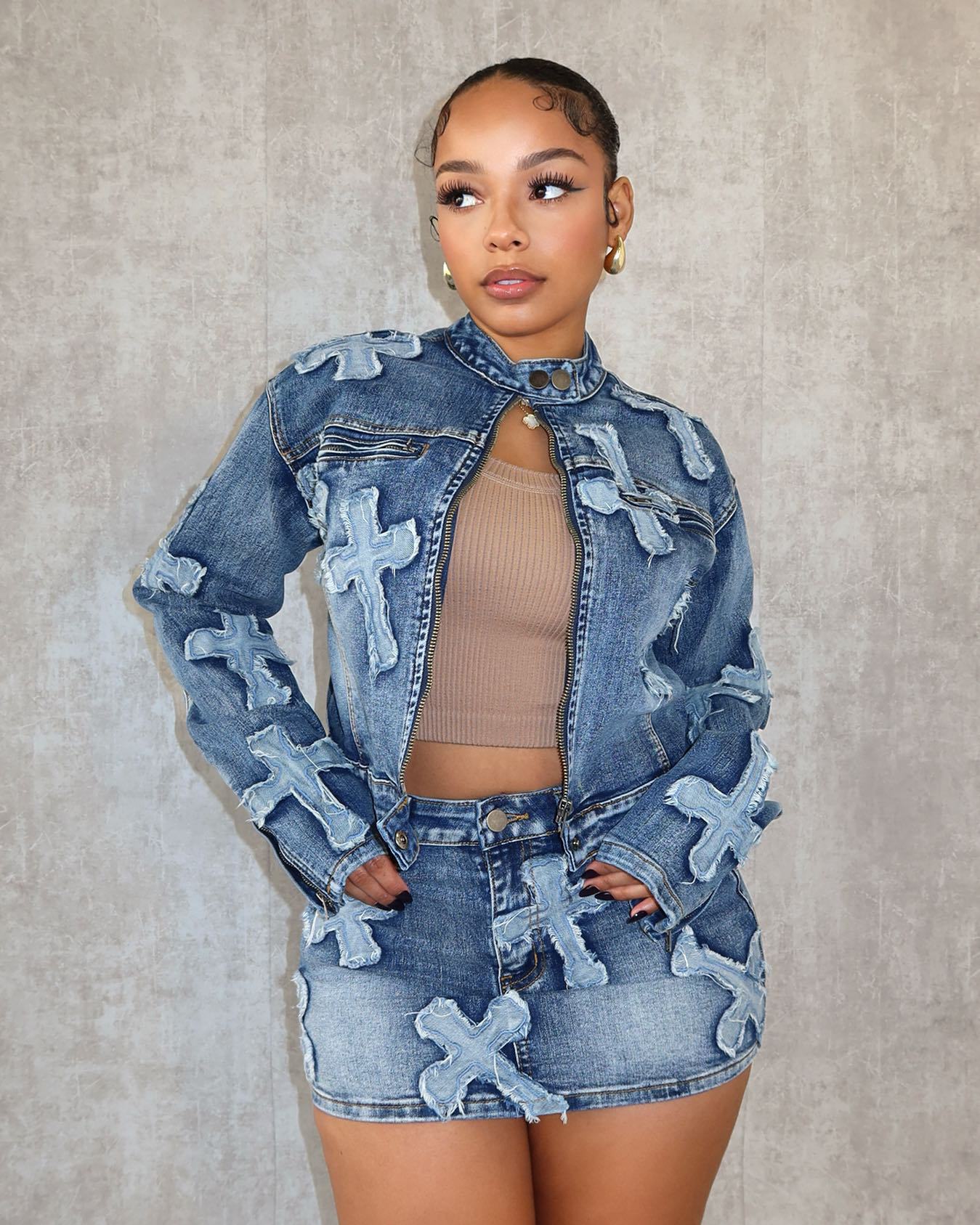 Denim Embroidered Short Skirt Jacket Suits Suit See size chart under “more details” The Fashion Celestial