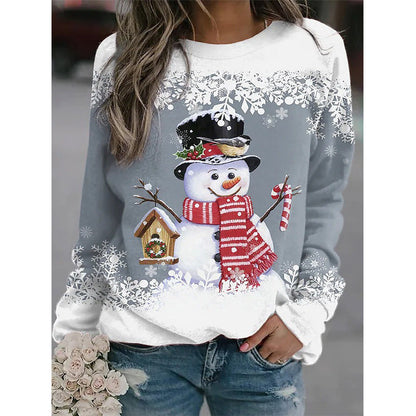 Snowman Printed Panel Loose Sweater – Casual Holiday Knit for Women FitiqueFit