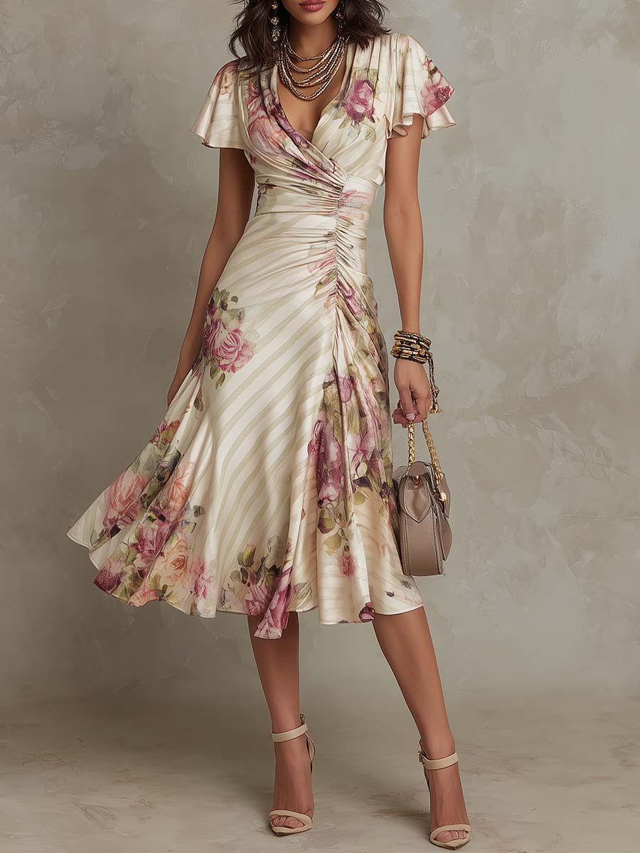 Ruffled Hem Maxi Dress – V-Neck Satin A-Line Color Block Dress FitiqueFit