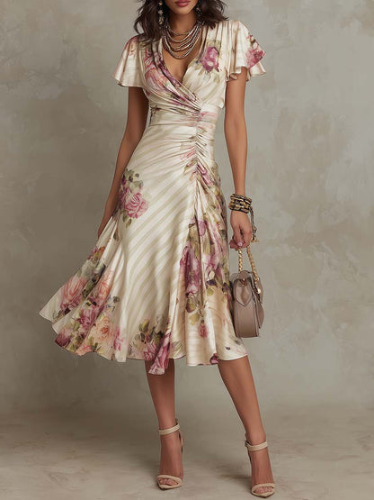Ruffled Hem Maxi Dress – V-Neck Satin A-Line Color Block Dress FitiqueFit