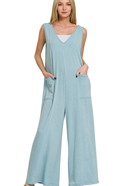 Zenana French Terry Deep V Neck Jumpsuits West2East Surf