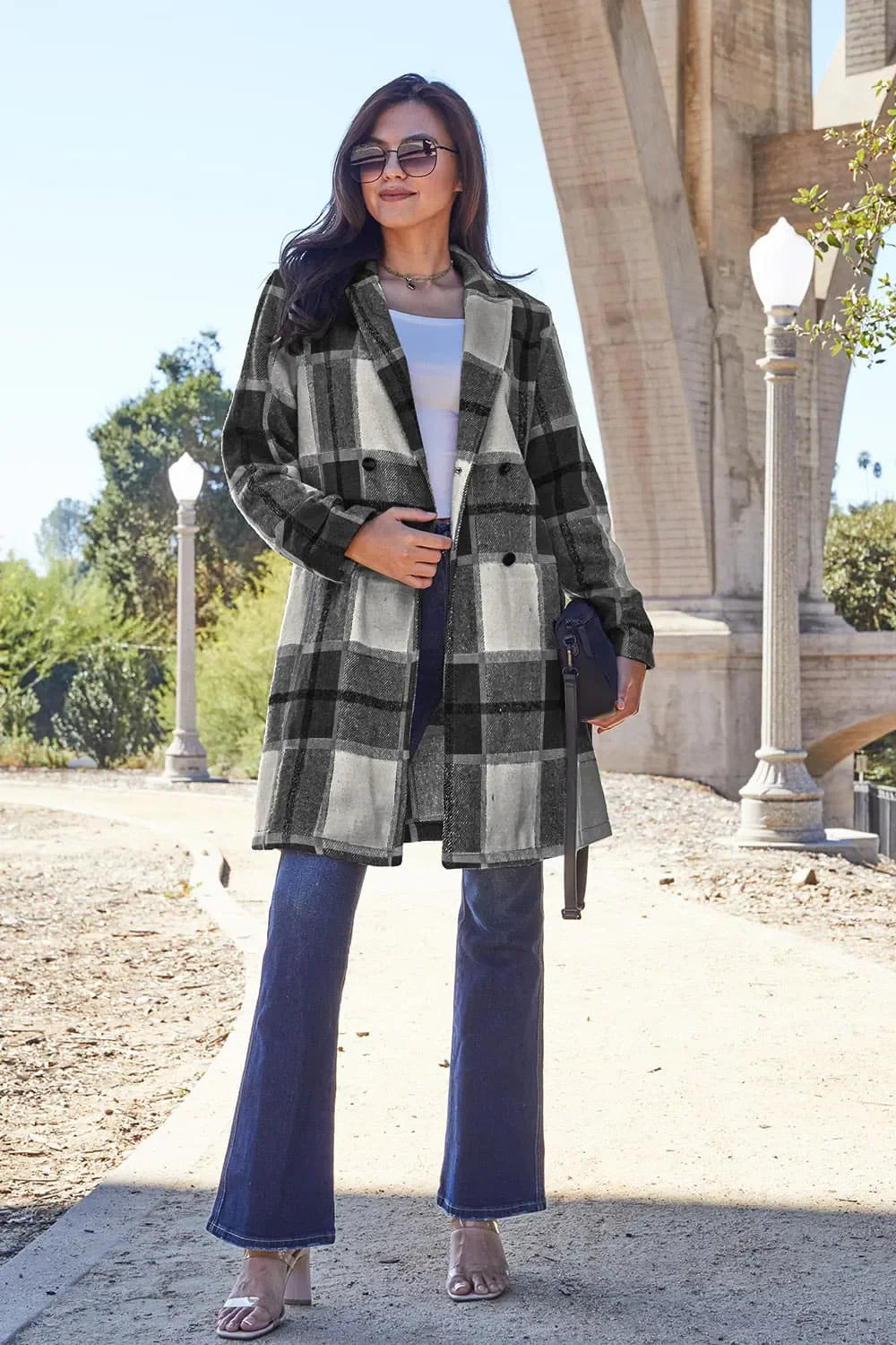 Double Take Full Size Plaid Button Up Lapel Collar Coat West2East Surf