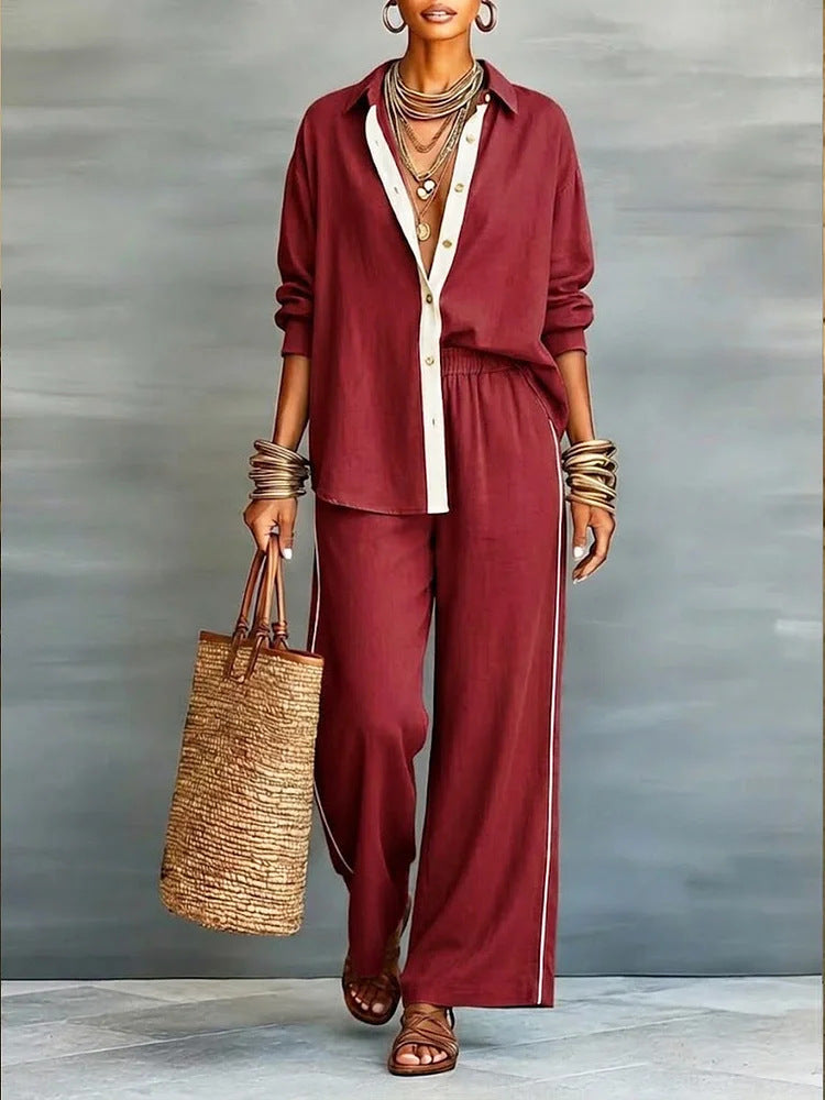 Contrast-Color Long-Sleeve Shirt & Pants Set – Two-Piece FitiqueFit
