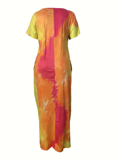 Plus Size Maxi Dress with Pocket, Women's Plus Tie Dye Print Short Sleeve Elegant Medium Stretch Long Dress NovaCart