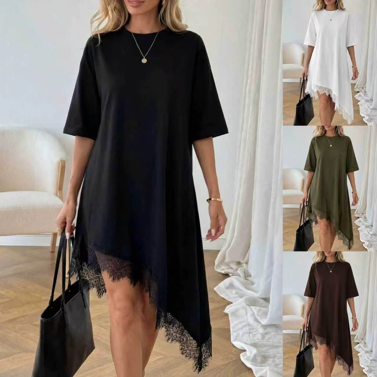 Women's Lace Trim Asymmetric Three-Quarter Sleeve Dress FitiqueFit