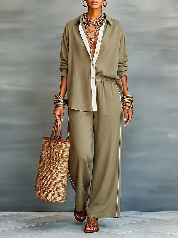 Contrast-Color Long-Sleeve Shirt & Pants Set – Two-Piece FitiqueFit