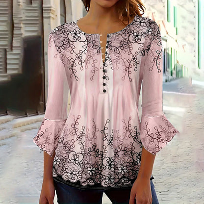 Women’s V-Neck 3/4 Sleeve Button-Front Tunic Blouse FitiqueFit