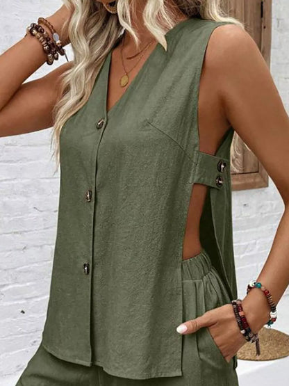 Sleeveless Button-Down Top and Shorts Set New Era Fashion LLc
