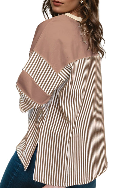 Khaki Stripe Patchwork Bracelet Sleeve Plus Size T Shirt Garden Naked Curves