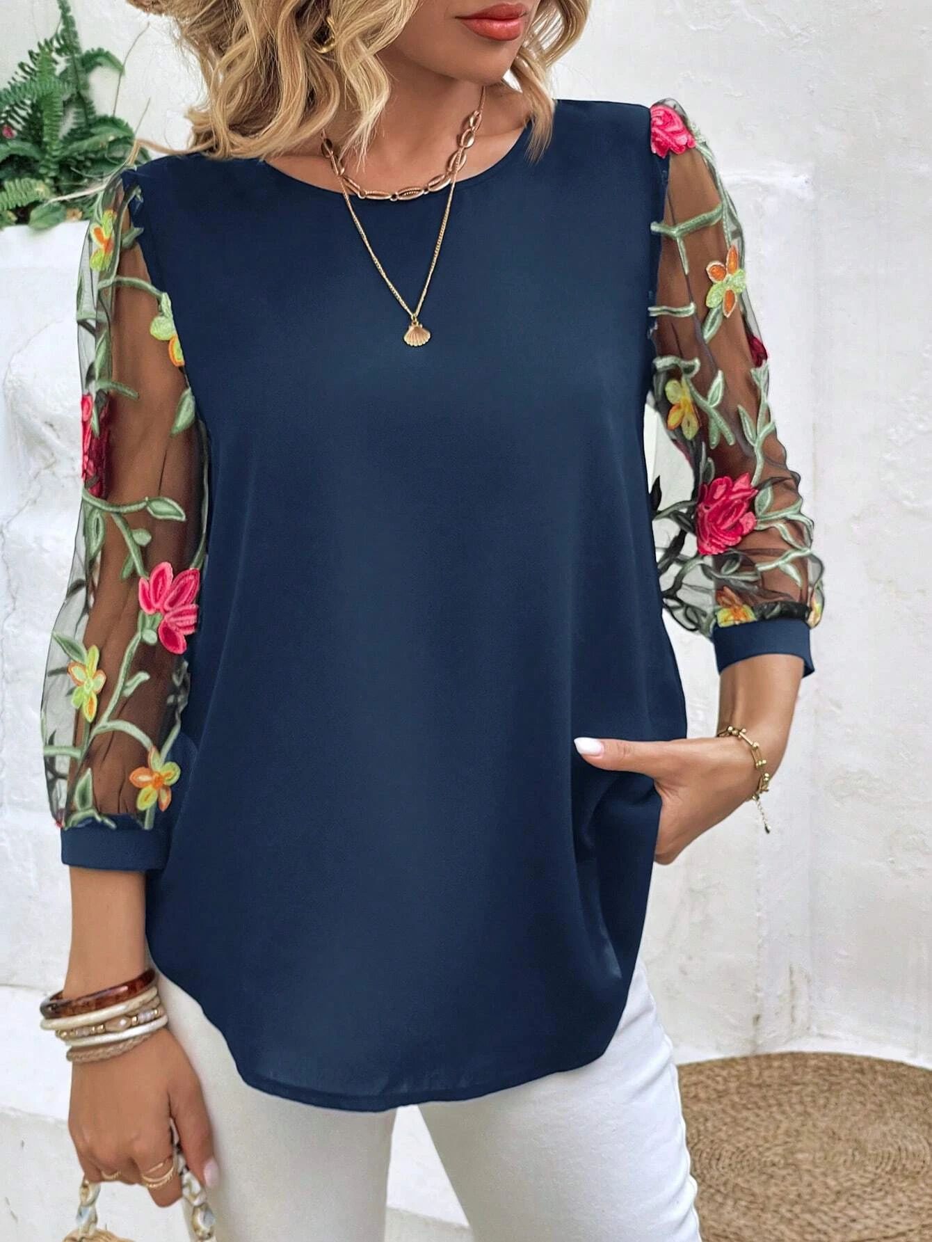 Women's Mesh Patchwork Three-Quarter Sleeve Top – Casual Chic FitiqueFit