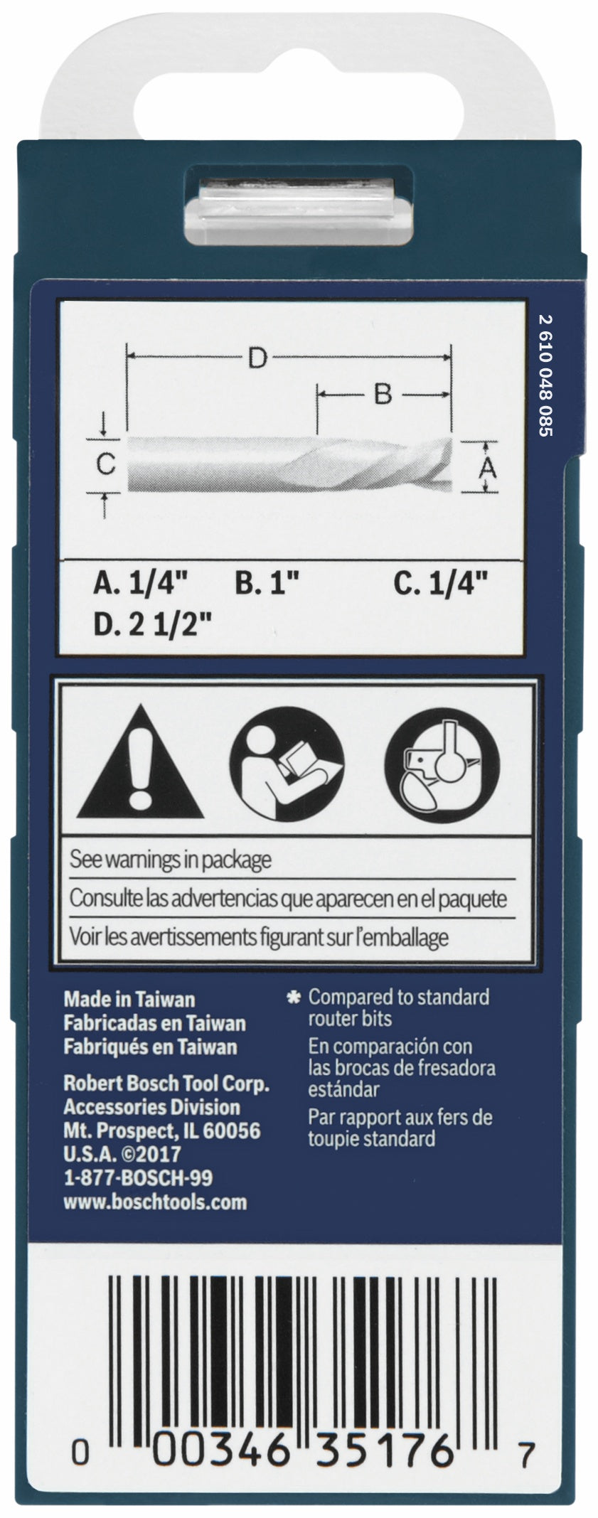BOSCH 85903MC 1/4 In. x 1 In. Solid Carbide Double-Flute Downcut Spiral Router Bit VM Hardware