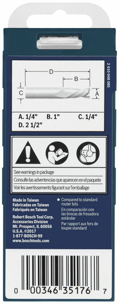 BOSCH 85903MC 1/4 In. x 1 In. Solid Carbide Double-Flute Downcut Spiral Router Bit VM Hardware
