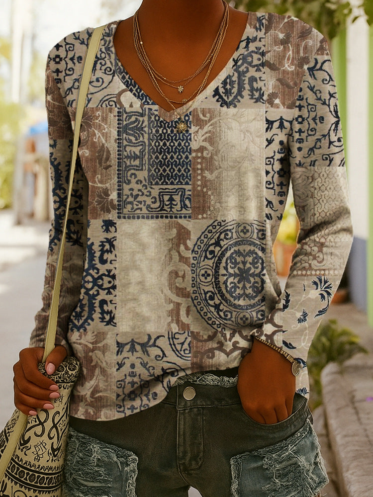 Women's Ethnic Print V-Neck Long-Sleeve Pullover Top FitiqueFit