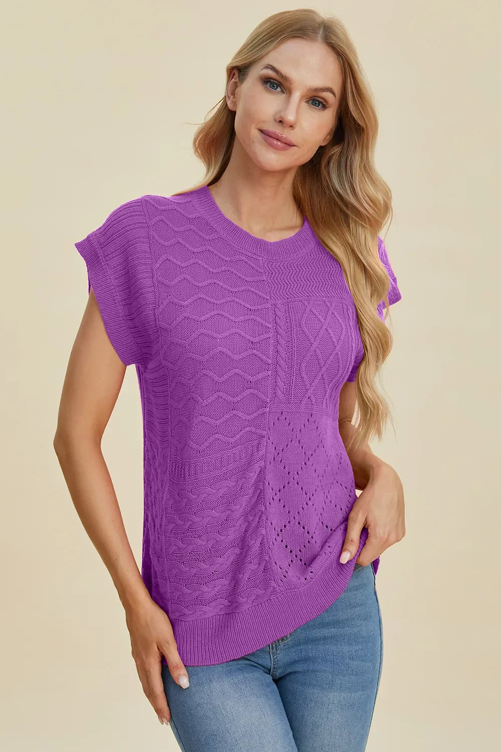 Double Take Full Size Cable-Knit Round Neck Cap Sleeve Sweater New Era Fashion LLc