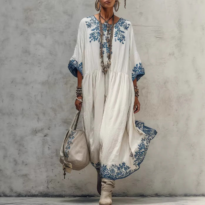 Women's Printed Batwing Sleeve Midi Dress – Loose Fit Linen Blend FitiqueFit