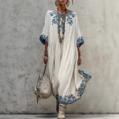 Women's Printed Batwing Sleeve Midi Dress – Loose Fit Linen Blend FitiqueFit