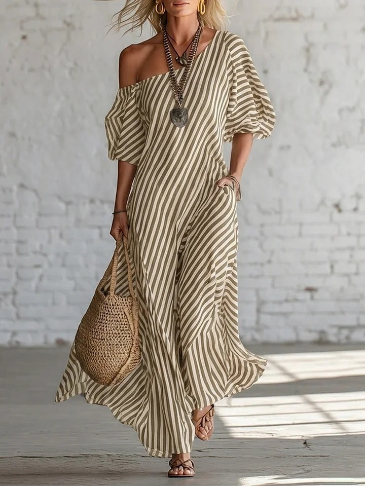 Women's Striped Off-Shoulder Elegant Midi Dress FitiqueFit
